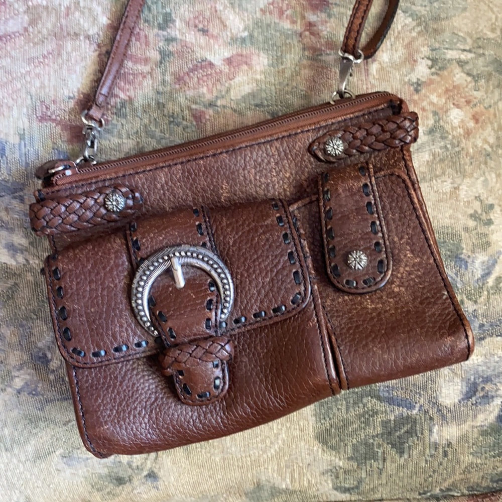 Brighton Brown Leather Crossbody with Braided Trim and Western Buckle